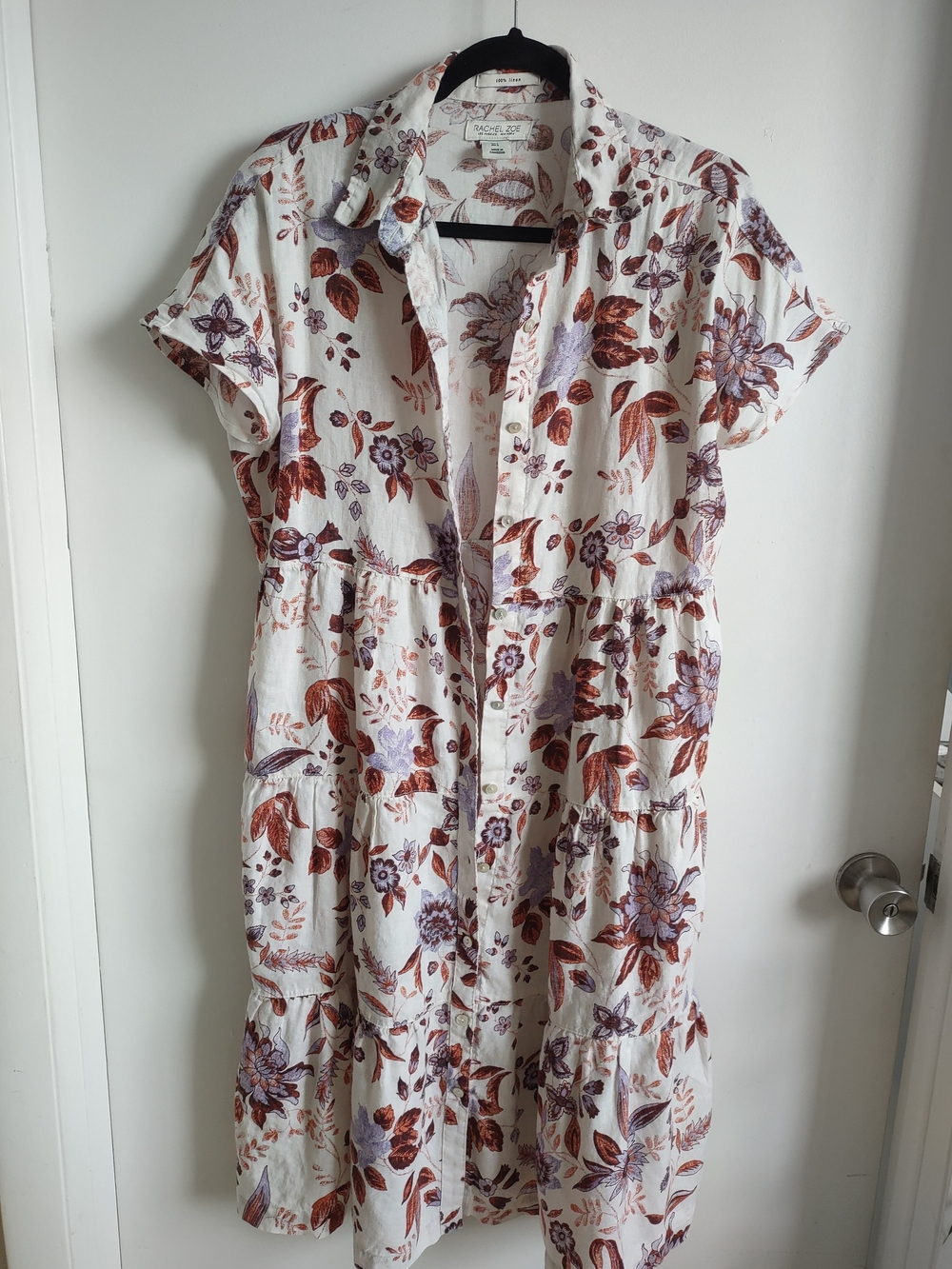 Floral Button-Front Tiered Dress - White with Rust & Lavender